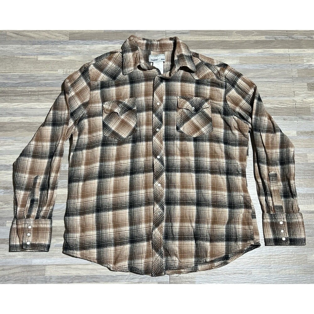 Wrangler Wrancher Shirts Pearl Snap Long Sleeve Shirt Large Brown/Black Plaid